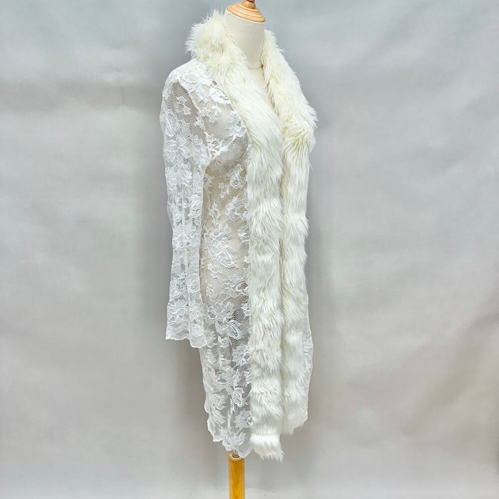 Vintage Y2k Moda International White Lace Duster Faux Fur Trim Sz XS Penny Lane - Picture 10 of 15